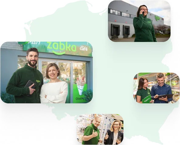 Kolaż czterech zdjęć przedstawiających pracowników w zielonych strojach firmowych podczas rozmów w sklepach oraz przed budynkiem, nałożony na jasny kontur mapy Polski.