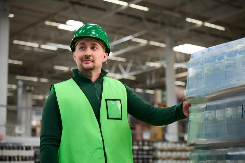 Pracownik w zielonej kamizelce i kasku wskazuje ręką na towary na regale magazynowym.