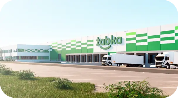 Widok z zewnątrz na nowoczesny budynek centrum logistycznego Żabka.