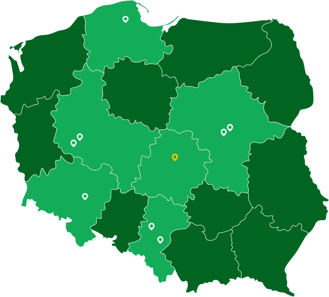 Interaktywna mapa Polski z podziałem na województwa i zaznaczonymi lokalizacjami centrów logistycznych.