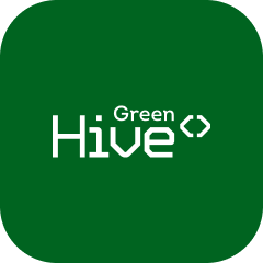 Białe logo Green Hive Technology na ciemnozielonym tle.
